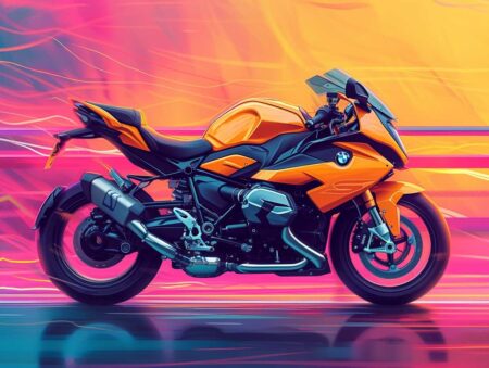 Illustration graphique d'une moto sportive orange vif filant à toute vitesse, sur un fond dynamique de traînées lumineuses néon rose et jaune.