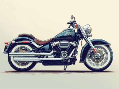 Illustration graphique détaillée d'une moto cruiser classique bleue avec selle en cuir marron et pneus à flancs blancs.