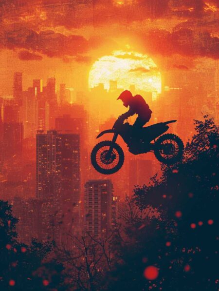 Illustration graphique montrant la silhouette d'un motard en motocross en plein saut au-dessus des arbres, avec des gratte-ciel et un immense soleil orange en arrière-plan.
