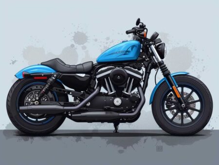 Illustration numérique d'une moto roadster bleu vif avec moteur noir mat, sur un fond clair avec de légères éclaboussures d'encre.