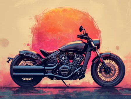 Illustration artistique d'une moto de type bobber noir mat, devant un grand cercle rouge façon soleil couchant. Style graphique moderne.