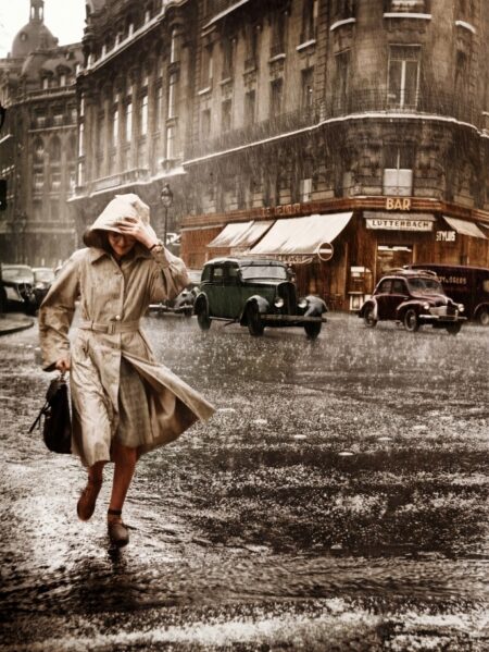 Photographie historique colorisée d'une femme courant sous une pluie battante à Paris en 1952. Elle porte un trench-coat et une capuche. On aperçoit des voitures vintage et le Bar Lutterbach en arrière-plan.