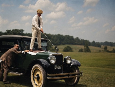 Photographie d'un golfeur qui swing depuis le capot de sa voiture dans les années 20