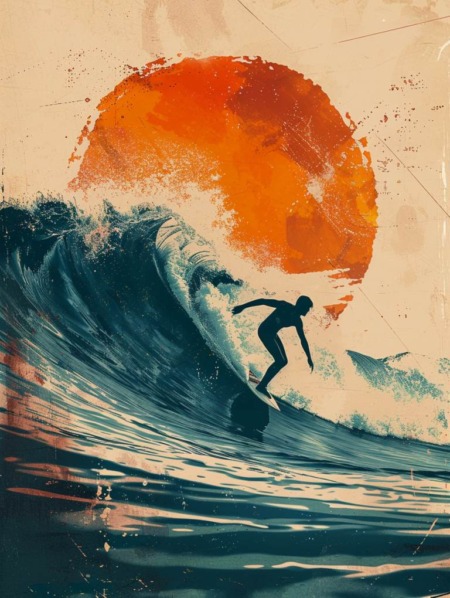 Affiche Surf Soleil Rouge : silhouette d'un surfeur au cœur d'une vague puissante, devant un grand soleil orangé texturé avec une queue de baleine émergeant au loin.