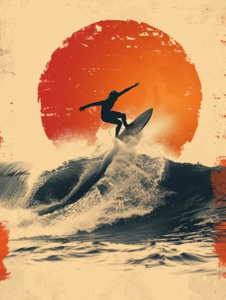 Affiche Surf Vintage Japonais : silhouette d'un surfeur sur une vague immense devant un grand soleil rouge couchant, style graphique rétro et minimaliste.
