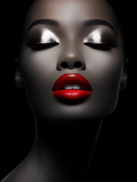 Affiche femme lèvres rouges portrait de face aux yeux clos avec maquillage argenté intense sur fond noir