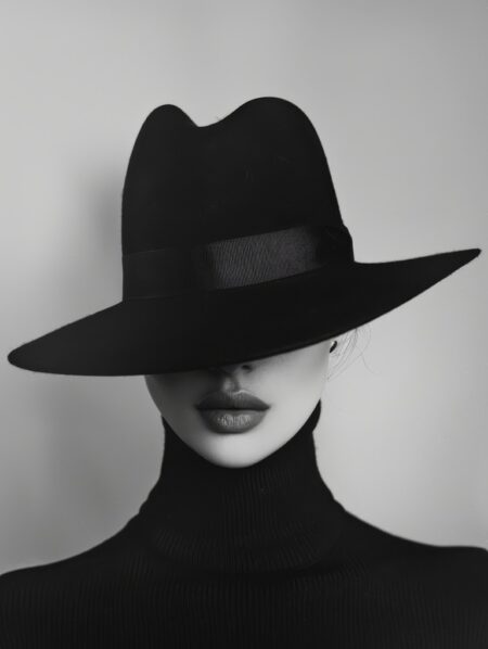 Affiche femme chapeau noir montrant un portrait minimaliste en noir et blanc d'une femme portant un chapeau fedora et un col roulé noir, les yeux dissimulés par le bord du chapeau.