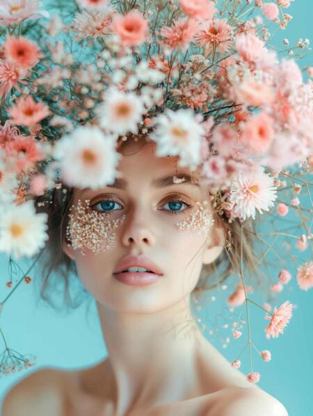 Affiche femme fleurs pastel montrant un portrait de face avec une couronne de fleurs roses et blanches et des pétales sur les joues sur un fond bleu turquoise clair.
