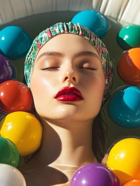 Affiche femme bain de couleurs montrant le visage d'une femme aux yeux clos et lèvres rouges éclatantes, portant un bonnet de bain fleuri et flottant dans une eau remplie de balles colorées vibrantes (jaune, bleu, rouge, violet).