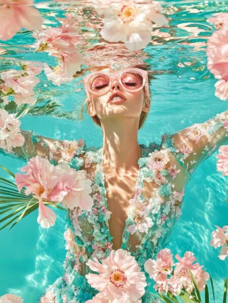 Affiche femme piscine fleurs montrant une femme immergée sous l'eau turquoise, portant des lunettes de soleil roses et une tenue fleurie, entourée de fleurs roses et blanches flottantes sous la lumière du soleil.