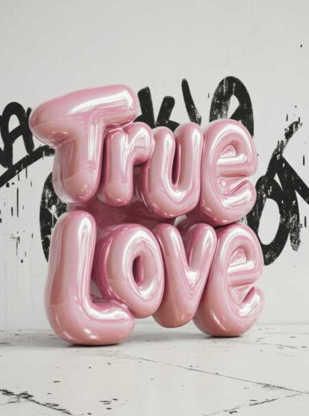Illustration 3D des mots True Love formés par des ballons métalliques roses brillants, posés devant un mur blanc avec des graffitis noirs.