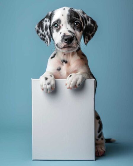 Affiche bébé dalmatien montrant un chiot tacheté noir et blanc posant ses pattes sur un cadre blanc vertical, sur un fond bleu azur uni.