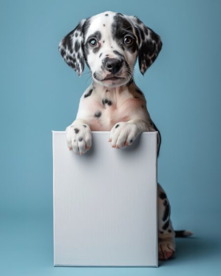 Affiche bébé dalmatien montrant un chiot tacheté noir et blanc posant ses pattes sur un cadre blanc vertical, sur un fond bleu azur uni.