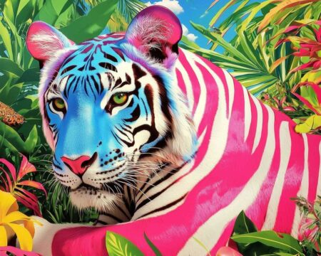 Affiche tigre pop art représentant un tigre majestueux aux rayures rose fuchsia et au visage bleu azur, dissimulé dans une jungle tropicale luxuriante aux feuilles vert vif et fleurs colorées sous un ciel bleu.