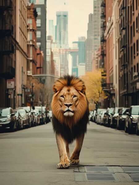 Affiche lion urbain montrant un lion majestueux marchant au milieu d'une rue de New York avec des gratte-ciel en arrière-plan et des voitures garées sur les côtés.