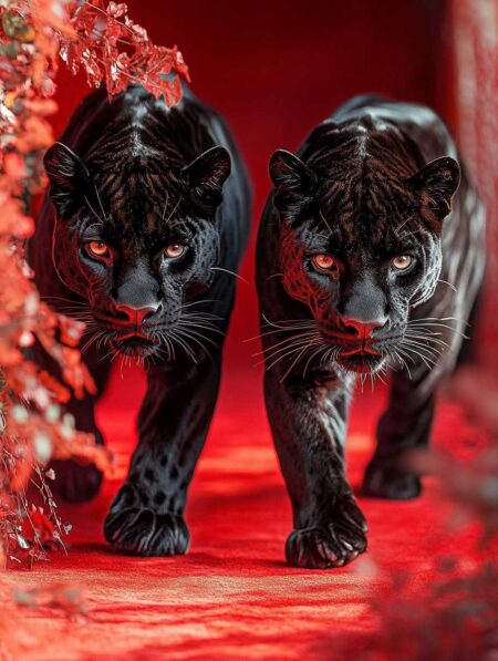Affiche deux panthères noires marchant côte à côte sur un tapis de feuilles rouges vibrantes, avec des regards intenses aux yeux orange et une lumière dramatique soulignant leur pelage.