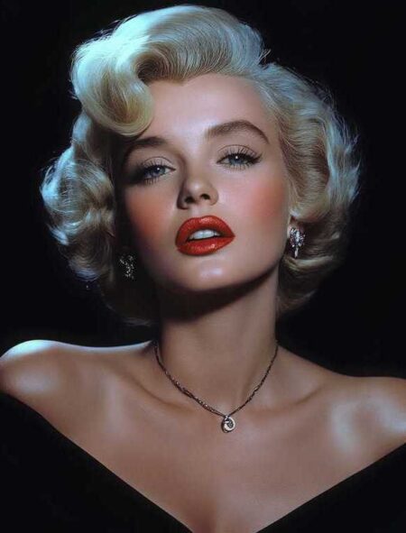 Portrait couleur glamour de Marilyn Monroe avec rouge à lèvres rouge, collier délicat et épaules dénudées sur fond noir.