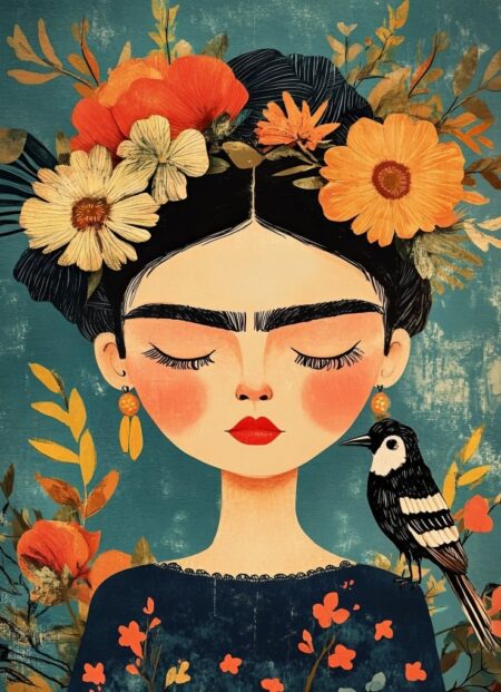Portrait illustré d'une femme style Frida Kahlo avec couronne de fleurs et oiseau noir sur l'épaule.
