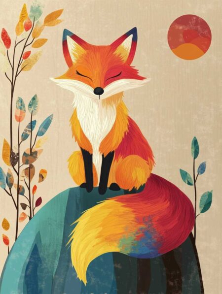 Affiche Le Renard Rêveur : Illustration graphique stylisée d'un renard roux aux yeux fermés, assis sur un rocher bleu canard, entouré de plantes stylisées et d'un soleil rouge, sur fond beige texturé.