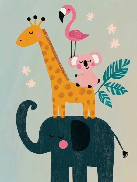 Illustration graphique d'animaux empilés les uns sur les autres : un éléphant bleu en bas, une girafe jaune, un koala rose et un flamant rose au sommet.