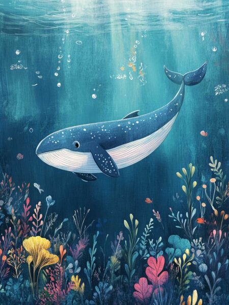 Affiche Baleine Bleue Illustration : Illustration sous-marine d'une grande baleine bleue nageant vers le fond, avec des rayons de soleil et des coraux colorés (jaune, rose) en bas.