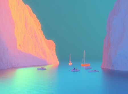Affiche paysage fantastique mer - crique enchantée montrant des bateaux naviguant sur une eau turquoise lumineuse entre deux falaises massives éclairées par une lumière rose et bleue.