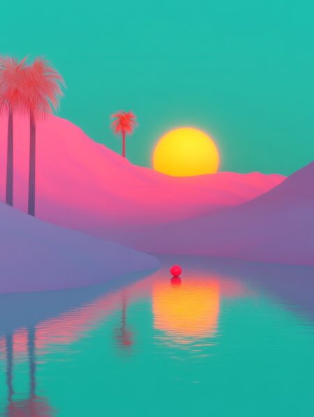 Affiche oasis maritime : une barque en bois isolée sur une eau turquoise cristalline, avec une plage de sable blanc et une ville côtière pittoresque en arrière-plan.