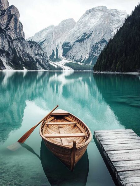 Affiche lac montagne barque montrant une barque en bois flottant sur une eau turquoise cristalline, avec des sommets enneigés majestueux se reflétant à la surface du lac.