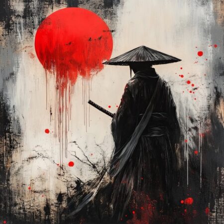Illustration d'un samouraï de dos face à un grand soleil rouge coulant, style peinture à l'encre noire et blanche.