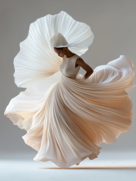 Portrait artistique d'une danseuse portant une majestueuse robe plissée de couleur crème, s'ouvrant en une large corolle vaporeuse lors d'un mouvement de rotation.