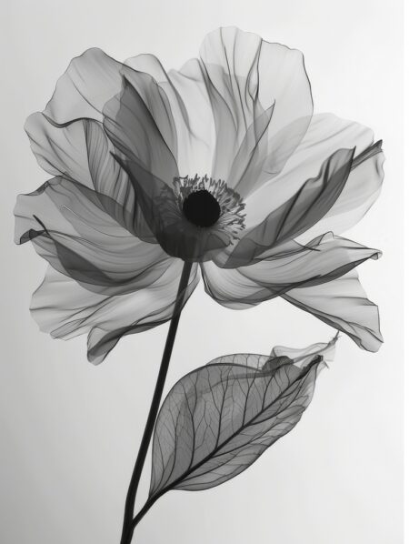 Affiche fleur noir blanc montrant une fleur translucide aux pétales délicatement veinés et une feuille détaillée, dans un style photographique minimaliste et épuré.