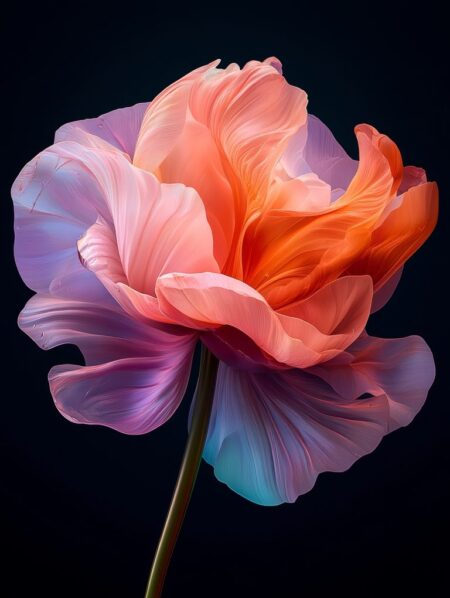 Affiche fleur éclosion chromatique montrant une fleur stylisée majestueuse aux pétales soyeux et vibrants déclinés en nuances d'orange, de rose et de violet, se détachant avec intensité sur un fond noir profond.