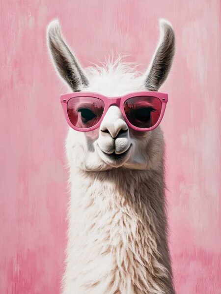 Affiche lama rigolo montrant un portrait de face d'un lama blanc portant de grandes lunettes de soleil fuchsia, sur un fond texturé rose bonbon