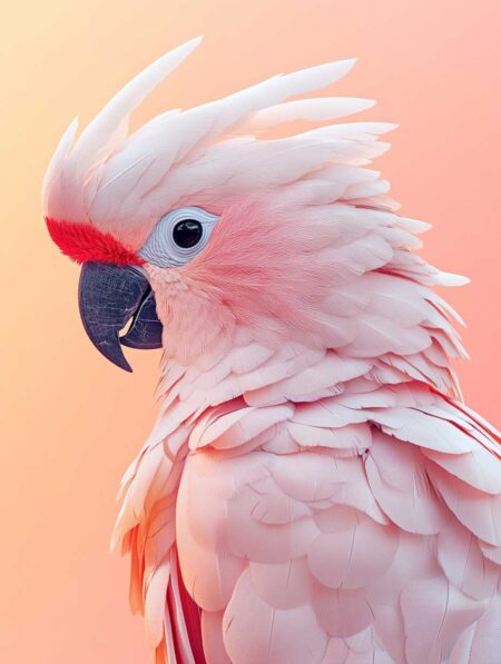 Affiche perroquet rose montrant un portrait de profil d'un cacatoès aux plumes délicates dans les tons rose pastel et blanc, sur un fond dégradé saumon et orange très doux.