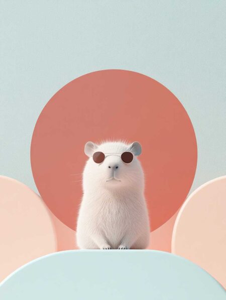 Affiche rongeur capybara portant des lunettes soleil sur fond géométrique couleurs pastels