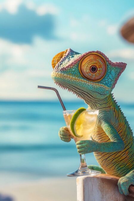 Affiche caméléon cocktail représentant un caméléon coloré aux nuances turquoise et orangées tenant un verre de cocktail avec une rondelle de citron vert, assis sur un rebord en bois face à une plage ensoleillée et une mer azur floue.