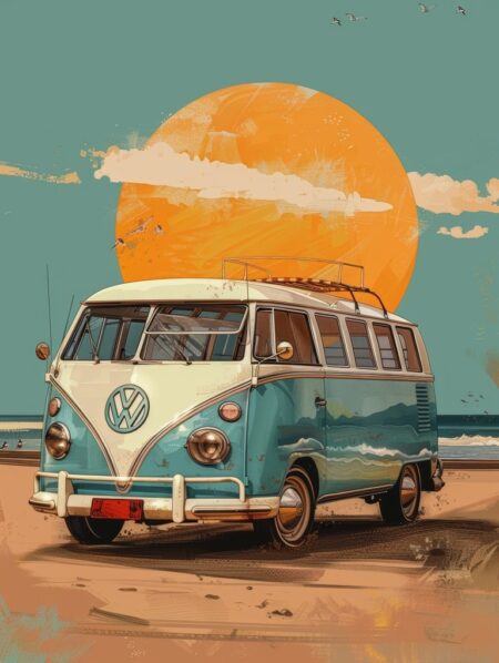 Affiche Combi Volkswagen Vintage au Soleil Couchant