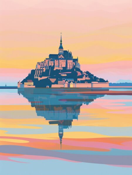 affiche illustration du mont st michel au crépuscule, couleurs orangées