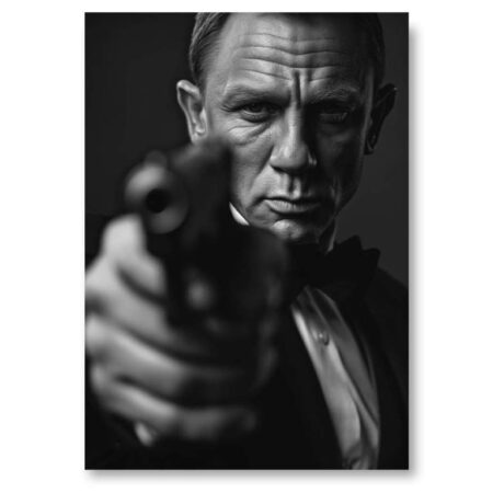 Affiche noir et blanc Daniel Craig en smoking pointant une arme