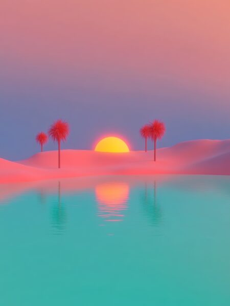 Affiche oasis désert pastel montrant un soleil jaune éclatant se couchant derrière des dunes roses parsemées de palmiers rouges, se reflétant dans une eau turquoise calme sous un ciel dégradé violet et pêche.