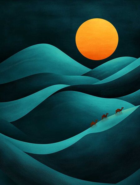Illustration désert minimaliste turquoise montrant des dunes vallonnées dans des nuances de bleu sombre et de turquoise sous un immense soleil orange vibrant. Trois petites silhouettes de chameaux cheminent sur l'une des crêtes éclairées.
