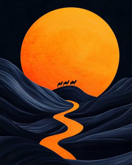 Illustration désert moderne minimaliste montrant des dunes bleu foncé texturées sous un immense soleil orange éclatant. Un chemin sinueux orange traverse les vallons vers les silhouettes de trois chameaux marchant sur une crête.