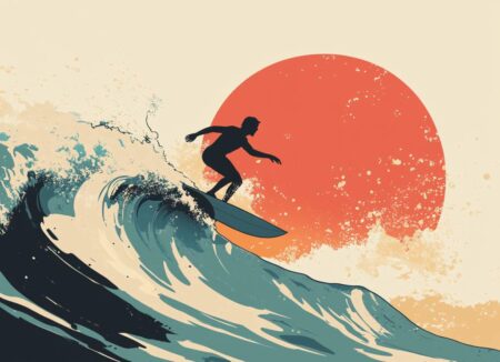 affiche de la Silhouette d'un surfeur sur une grande vague avec un soleil rouge derrière, illustration stylisée.