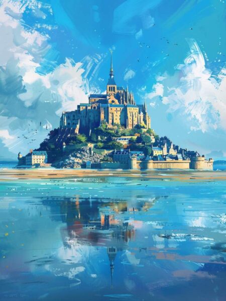 Illustration Mont Saint-Michel montrant l'abbaye avec des effets de peinture bleus et dorés se reflétant dans l'eau sous un ciel azur éclatant.