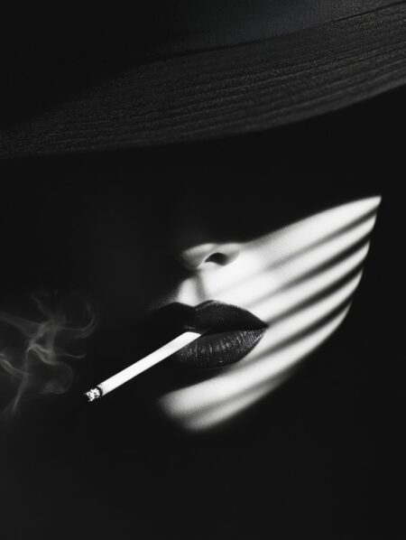 Affiche Inconnue au Chapeau portrait film noir en noir et blanc montrant le visage d'une femme mystérieuse sous un large chapeau, éclairé par des bandes de lumière horizontales avec une cigarette et de la fumée légère.