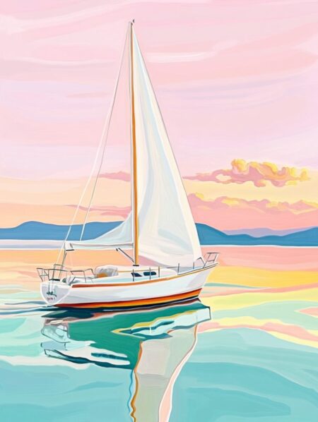 Affiche artistique voilier coucher de soleil montrant un voilier blanc naviguant sur une eau turquoise calme, sous un ciel aux nuances de rose pastel et d'orangé, avec des montagnes bleues à l'horizon et un reflet coloré sur la mer.