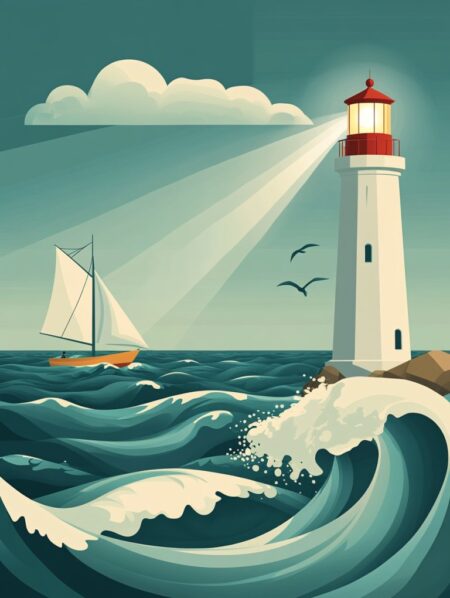 affiche couleur vintage représentant un phare et un voilier au milieu des vagues, paysage faisant penser la bretagne
