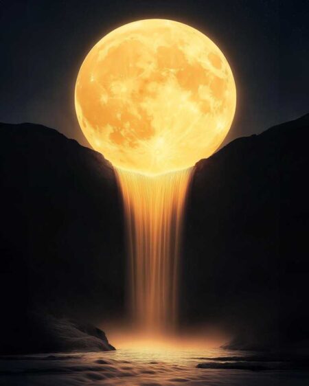 lune qui déverse une cascade de lumière dorée au dessus des falaises