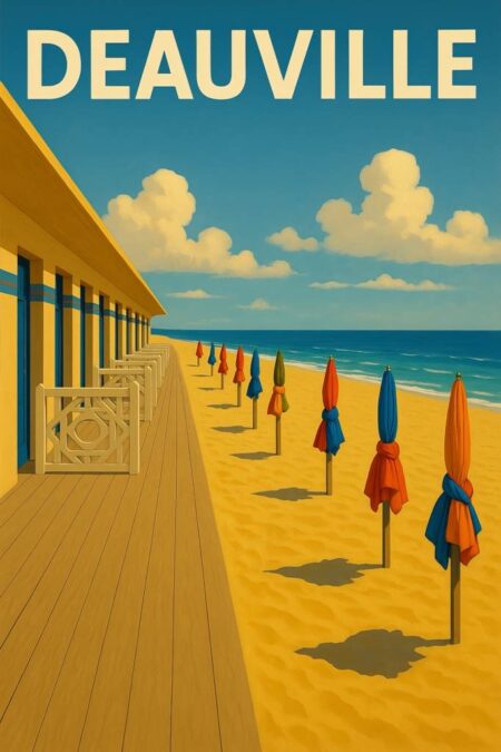 Affiche Deauville vintage : les célèbres cabines de plage aux portes bleues, la promenade des Planches et des parasols colorés noués sur le sable doré sous un ciel bleu.