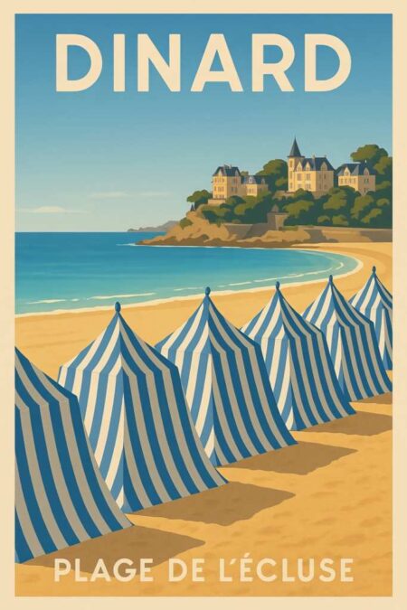 Affiche vintage de Dinard montrant une plage avec des tentes rayées bleu et blanc et des villas élégantes sur la côte